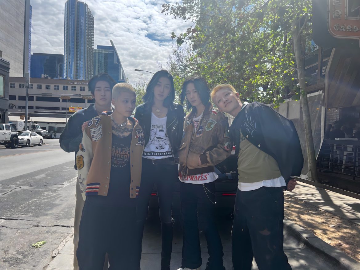 Jack, Mikey, LØREN, June & Leeoh (left to right) on Austin's iconic 6th Street after closing out their first ever American shows © Freya Rinaldi, March 2023